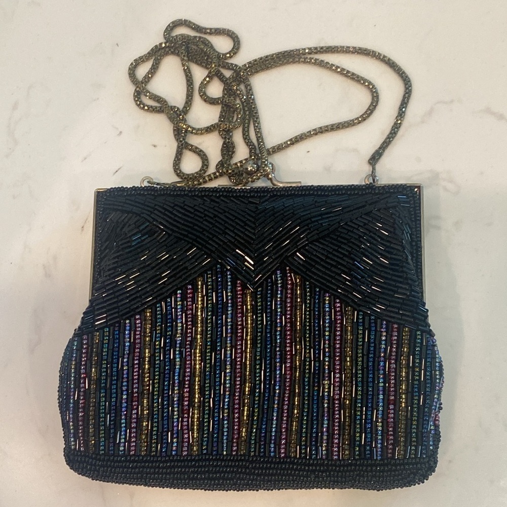 Vintage Black and multi Beaded Purse antique Gold tone Chain Shoulder Strap
